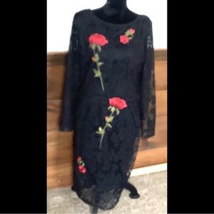XL 1XL Vintage Black Lined Stretch Lace Column MIDI Dress Embroidered Roses